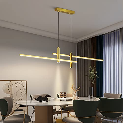Bellastein Moderne LED Pendelleuchte Esstisch Hängelampe Dimmbar Mit Fernbedienung Esszimmer Hängeleuchte Esszimmerlampe Pendellampe Höhenverstellbar Kronleuchter für Büro Hängeleuchte (Gold, L120cm)