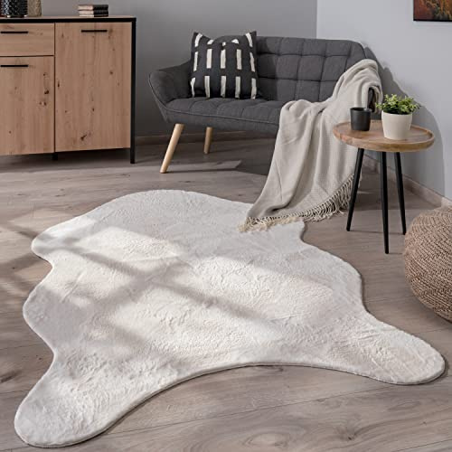 Paco Home Tapis De Salon Tapis Poils Ras Monochrome Moderne Fausse Fourrure Forme Peau De Mouton Doux, Dimension:80x120 cm Forme de Fourrure, Couleur:Crème