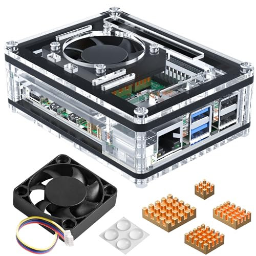 Miuzei Caja para Raspberry Pi 5,Raspberry pi 5 Cooler con PWM Ventilador 40x10mm de enfriamiento,Disipador de Calor de Cobre Puro de 4 Piezas,súper silencios Case for Raspberry pi 5 8gb 4gb,Clear
