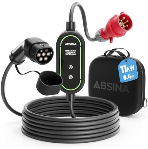 ABSINA Ladekabel CEE 16A auf Typ 2 mit Einstellbarer Ladeleistung - Mobile Wallbox 11kW 16A 3 phasig IP67 mit 6,6 m Kabel - Elektroauto Wallbox CEE für i3, e-Up, ID.3, ID.4, Zoe, fortwo, Kona UVM