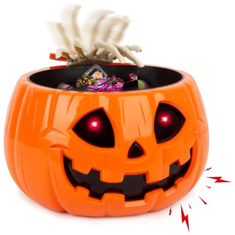 SKOOLOVE Halloween Schüssel mit Bewegungsmelder, Animatronische Kürbis Bonbonschale mit Gruseligem Sound, Skeletthand und Leuchtenden Augen für Halloween Party Dekoration