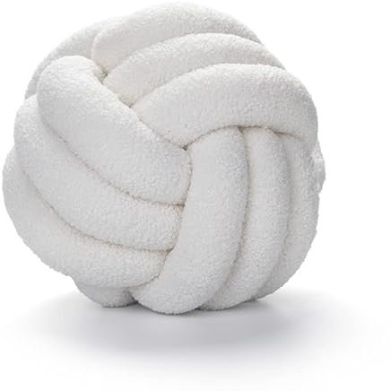 Qingjaen Knotenkissen Rundes Kugelkissen, Lammwolle Knoten Ball Kissen Heimdekoration Kissen Handarbeit geknotetes Wurfkissen für Couch Bett Auto Büro (Weiß, 28 x 28 cm, 1 Stück)