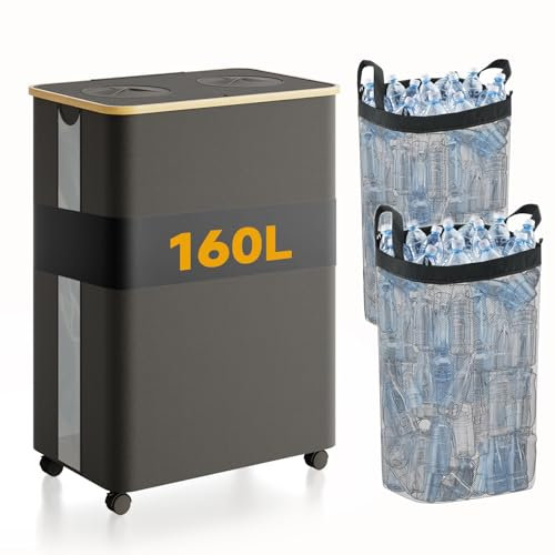 RMAN 160L Pfandflaschen Sammelbehälter 2 Fächer mit Deckel Groß Pfandflaschen Behälter mit Räder Flip Top Flaschensammler für Leergut für Küche Abstellraum (Schwarz)