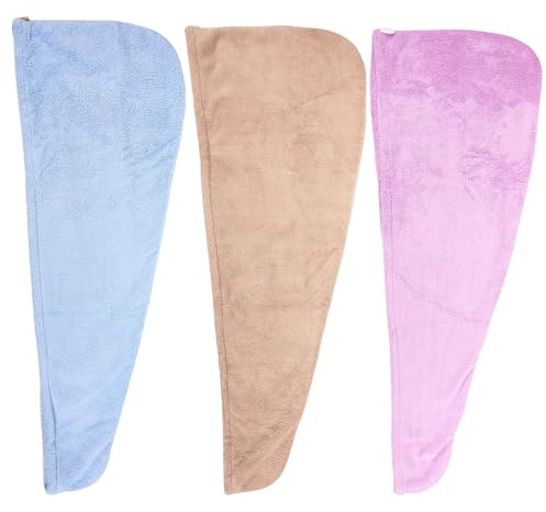 3 Stück Handtuchkappe aus Korallfleece, Schnelltrocknend | Blau, Violett und Braun, Knopfvariante Zufällig, für Zuhause und Reise Zufälliger Stil