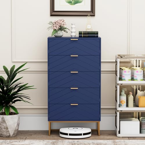 UEV Byrå med 5 lådor, skåp, trä med tippskydd, metallfot, highboard, sideboard, smalt byrå, sidoskåp för vardagsrum, sovrum, hall 60 x 34 x 110 cm (mörkblå)