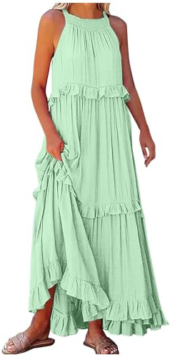 Dyhxuan Summer Dress Women's Long Elegant Halterneck Maxi Dress Sleeveless Beach Dress Big Swing Bohemian Dresses Plain Ruffle Dress A-line Dress Loose Casual Dress Beach Holiday Dress, Mint Green, S