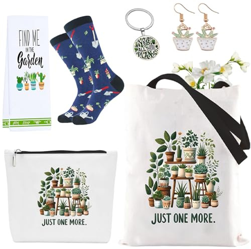 HIGHTERTON Plant Gifts for Women, 6pcs Gift Set for Garden Lovers,Potted Plants Birthday Presents with Funny Tote Bag,Make Up Bag,Socks