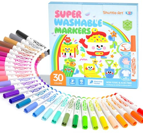 Shuttle Art Filzstifte Kinder auswaschbar, 30 Farben wasserlösliche Filzstifte, Fasermaler für Kinder mit Verpackungsbox, dickes Filzstift Set für Schule, Unterricht, 1. Klasse