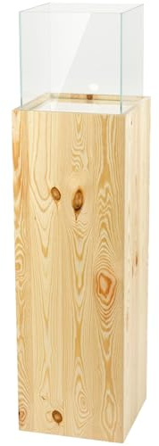 Columna portavelas de Madera y Vidrio, Farol Decorativo de Suelo, candelabro de diseño para salón, balcón o terraza, Acabado Madera Natural, Altura 100 cm