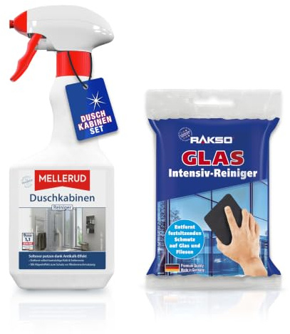 RAKSO Glas-Intensivreiniger Duschkabinen-Set - 1 Profi-Schwamm - kratzfreie Reinigung von Glas & Fliesen - MELLERUD Duschkabinen Reiniger - 1 x 0,5 l - wirksames Spray gegen Kalk- & Seifenreste