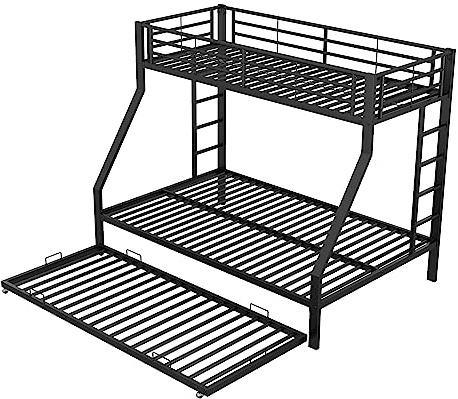 Våningssäng i metall med utdragbar extrasäng och dubbelsidig stege, utrymmesbesparande med säkerhetsräcke, robust stålram, lämplig för gästrum, sovrum (svart, 90 x 200 cm + 140 x 200 cm)