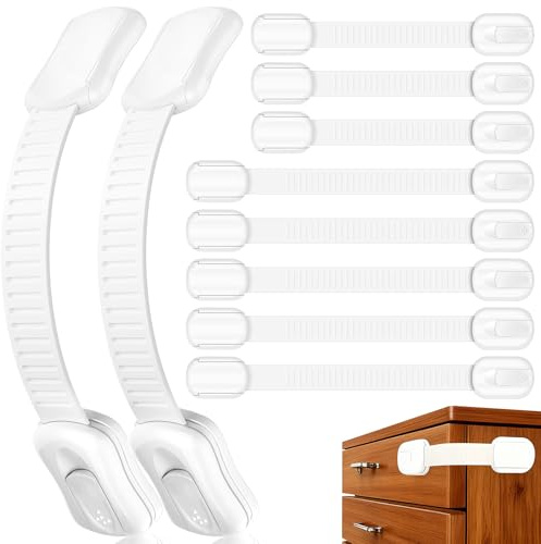 10 Pezzi Blocca Cassetti per Bambini, Chiudi Cassetti Bambini Sicurezza con Adesivo Potente Nessun Trapano, Chiusure di Sicurezza Bambini Regolabile per Armadietto Cassetto Armadio Frigorifero
