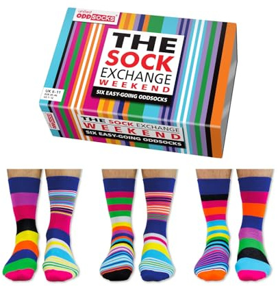 United Oddsocks The Sock Exchange Weekend Gift Box – 6 Colourful Easy-Going Mix & Match Odd Socks for Men – UK 6–11, EUR 39–46, US 7–12 – Fun Striped Novelty Socks Gift for Birthdays & Weekends