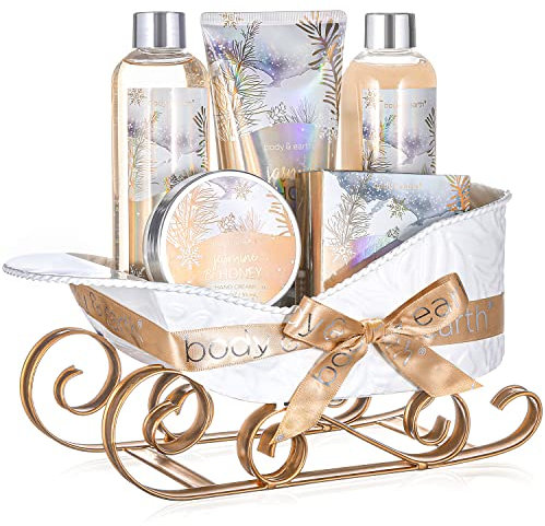 BODY & EARTH 6 tlg. Geschenkset für Frauen, Geschenkkorb für Freundin, SPA Set Weihnachtsgeschenke Jasmin und Honigduft, Schaumbad, Duschgel, Bodylotion, Handcreme, weihnachtsgeschenke für frauen