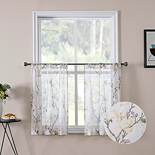 Tollpiz Vorhang mit Blumenmuster, weiß, durchscheinend, Blumendruck, Rankenstickerei, Küche, halbe Vorhänge, Stangentasche, Café, Voile, Fenstervorhang für Badezimmer, 76,2 x 91,4 cm lang, Set mit 2