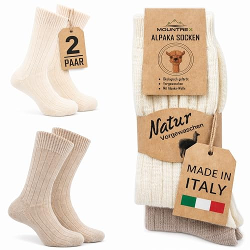 MOUNTREX® Alpaka Calzini in lana di alpaca per uomo e donna, caldi, calzini termici, sottili, morbidi, per l’inverno, casa, in confezione da 2 paia, Écru/beige, 35-38