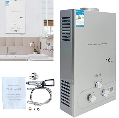 ECUTEE LPG Gas Water Heater 16L 32KW Portable Instant Gas Hot Water Heater Propane Boiler Camping Shower Stainless Steel Tankless LED Display Shower Kit for Home Apartment Outdoor Garden, Silver