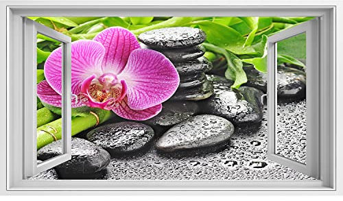 islandburner Tableau sur toile vue fenêtre Spa Concept Zen Pierres et Orchide Thai Massage Salon Images murales Poster