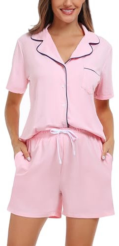 Lovasy Schlafanzug Damen Baumwolle Kurz Pyjama Set Kurzarm Schlafanzüge für Damen mit Knöpfen und Taschen,Hellrosa,M