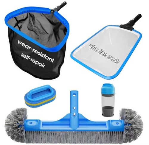 TidyMister All in One Pool Cleaning Kit - 18'' Repairable Pool Nylon Net & 18'' Detachable Round Brush & 11'' Fine Mesh Skimmer Net & Pool Chlorine Floater & Handy Scrubber for Water Line Cleaning