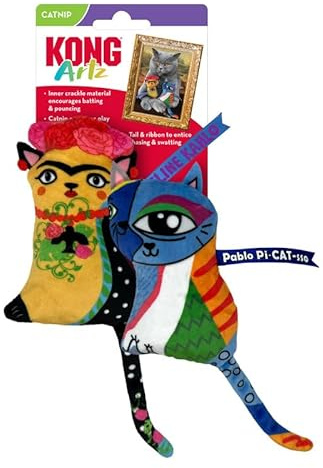 KONG Artz katter – knäckande kattleksaker med kattmynta, band och svans (Kahlo/Picasso)