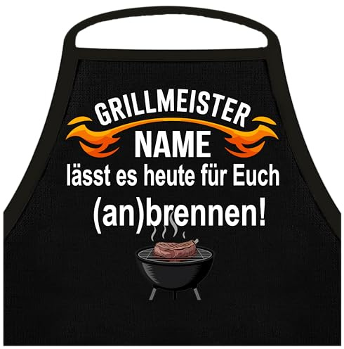 Shirtoo Lustige Grillschürze für Männer: Grillmeister Wunschname lässt es heute für Euch anbrennen - Personalisiert mit Namen - Grillen BBQ Küchen-Schürze, Männer Geschen-Ideen