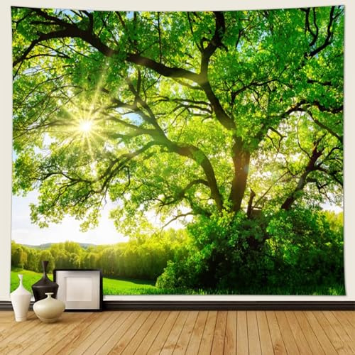 Musihy Landschaft Wandbehang Wandteppich, 350x256cm Grüner Baum Sonnenschein LandschaftWandbehang Dekoration für Wohnzimmer Schlafzimmer & Schlafsaal, Grün