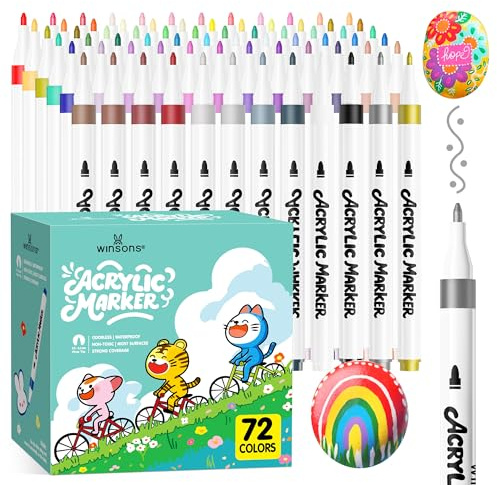 WINSONS Acrylstifte Wasserfest 72 Farben, Permanent Marker für Kunstmalerei | Ungiftig Nicht Ausblutend, Leuchtende Farben