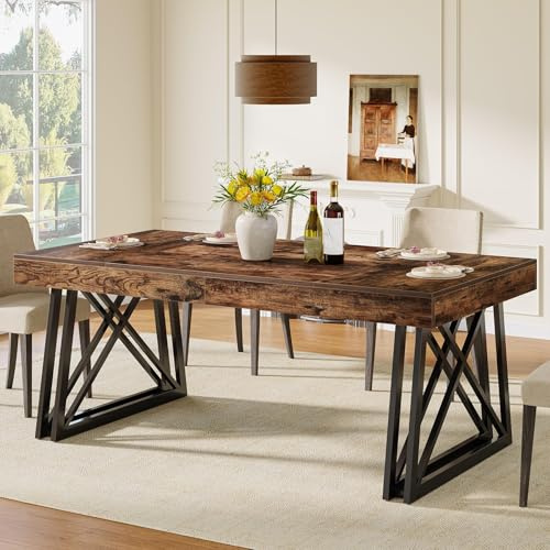 Tribesigns Dining Table for 4-6, 160 cm Farmhouse Kitchen Table with Sturdy Metal Legs, Rectangular Dinner Furniture for Home, Living Room, Rustic Brown & Black