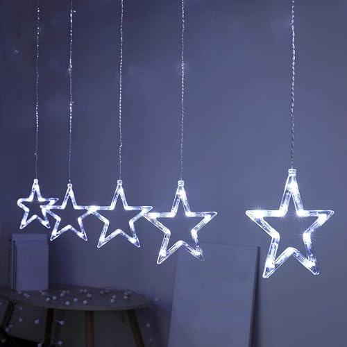 ADEPTNA 5 PCS Christmas Star Curtain Lights with Timer Automatically – 5 Stars 50 LEDs Star Curtain Lights 8 Modes Function Settings Window Door Hanging Lights for Xmas Decorations (Cool White)