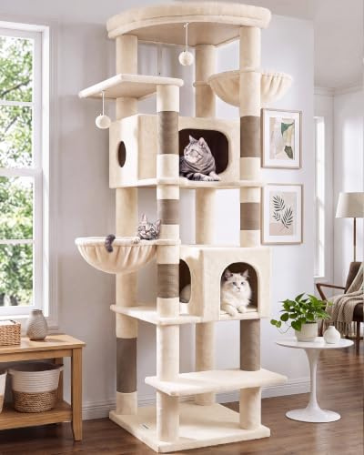Globlazer S74 Sturdy Cat Tree Tower 188 CM for Large Cats Easy Put Together | Stable Cat Tree with 2 Caves 50CM Platform 2 Hanging Basket Sisal Scratcher Post Instructions Clear Cat Tower for Indoor Cats