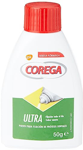 Corega Ultra, Polvo Para Fijación de Prótesis Dentales, Sabor Menta, Fijación Todo el Dia, 50 g