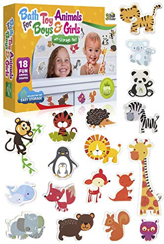 3 Bees & Me Animal Bath Toys for Boys and Girls – Fun Foam Animals with Bath Toy Storage Bag – 18 Piece Kids Bath Set for Toddlers and Kids