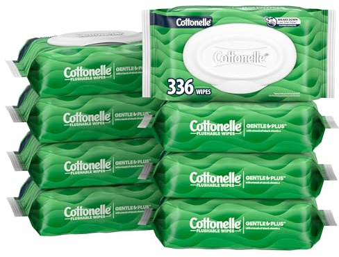 Cottonelle GentlePlus Flushable Wet Wipes with Aloe & Vitamin E, 8 Flip-Top Packs, 42 Wipes Per Pack (336 Total Wipes), Packaging May Vary