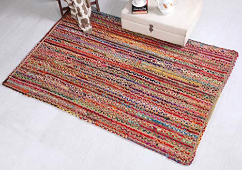 Mishran - Alfombra ecológica trenzada mediana con tejido plano de yute natural y material reciclado multicolor, 75 x 120 cm