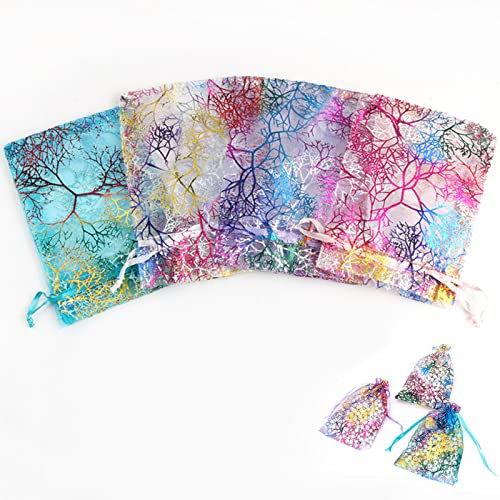 Uheltosly Sacs En Organza,100pcs 7x9cm Cordon De Serrage Coloré Motif Corail Petits Sacs En Organza,Pochette à Bijoux,avec Cordon Ruban Cadeau Emballage Faveur Invités