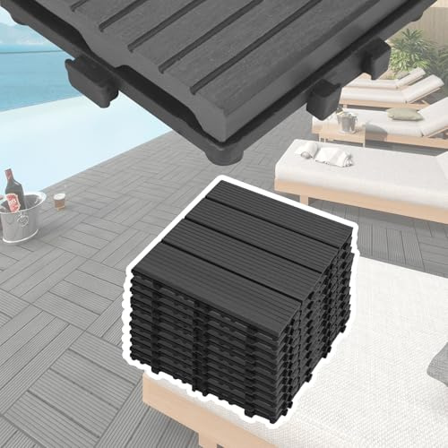 UISEBRT Lot de 33 dalles de balcon aspect bois - Système de clic - En plastique - Pour jardin, balcon, terrasse (30 x 30 cm, anthracite)