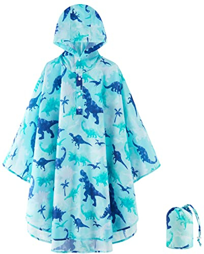 WAWSAM Lightweight Boys&Girls Rain Poncho Waterproof Toddler Raincoat Reusable Kids Portable Dinosaur Rain Slicker Outwear with Pouch Youth Rainbow Rain Jacket with Hood for School Travel Camping