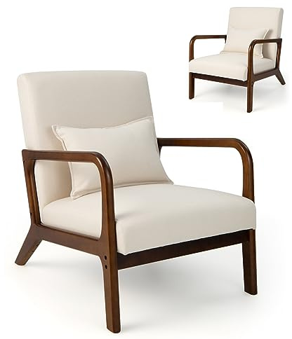 Multigot Modern Accent Armchair, Upholstered Single Sofa Chair with Anti-slip Foot Pads, Rubber Wood Padded Lounge Couch for Living Room Bedroom Office (Beige, With Lumbar Support)
