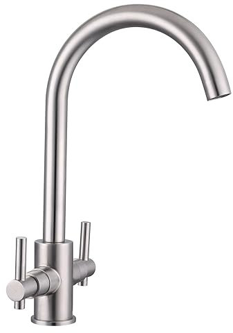 newcool Kitchen Taps Brushed Steel Twin Lever Sink Taps for Kitchen Sink Satin Finish Traditional 360° Swivel Spout Easy to Fit