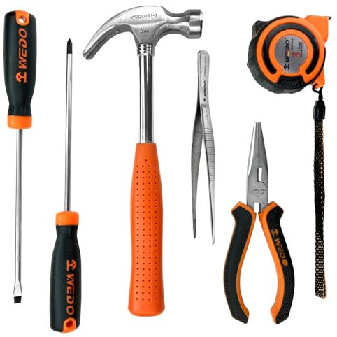 WEDO Kit d'Outils 6 Pièces, Marteau de Charpentiers 227g, tournevis, fente 5x150mm,Tournevis Phillips PH1x150 mm,Pince à becs demi ronds courbes 15,2 cm, pince à épiler 120 mm, mètre ruban 3m