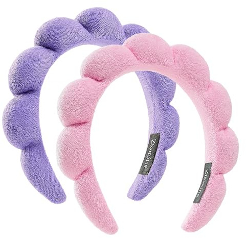 Spa Facial Headbands Combo Pack - 2 Terry Cloth Makeup Headbands for Face Washing, Masks, and Skin Treatments (Pink + Purple)