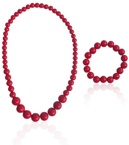 CYNOSURETECH Pearl Necklace and Bracelet Set, Acrylic Costume Jewelry Accessories (Red)