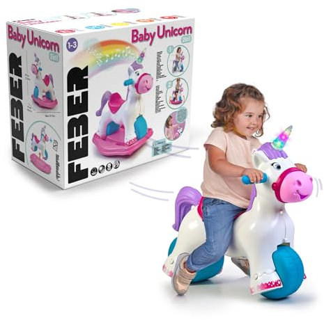 FEBER - Baby Unicorn, Correpasillos con Forma de Unicornio, 2 en 1 Correpasillos y Balancín, Inluye Sonido de Relinche y Trote, Desarrolla Capacidades Psicomotrices, Niños +3 años, Famosa (FED35000)