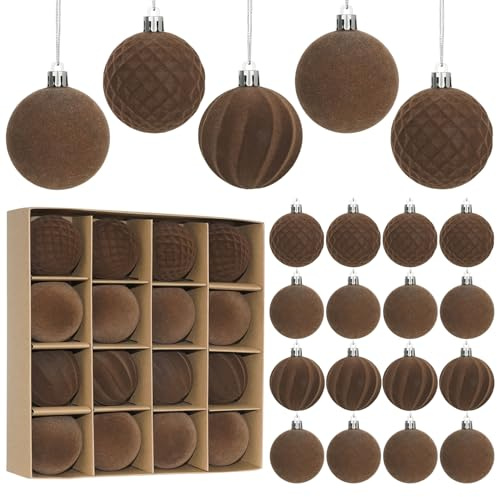 Miaikoe Juego de 16 bolas de Navidad de terciopelo para colgar, preatadas, inastillables, de plástico, flocadas, decoraciones de Navidad, festivales, decoración de fiestas (marrón, 6 cm)