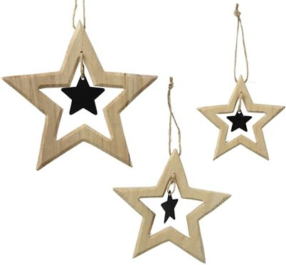 Kaemingk Christbaumschmuck Holz 11-19cm - 3er Set Stern Figuren zum Aufhängen - Weihnachtsbaum Anhänger für Weihnachten - Christbaumanhänger & Weihnachtsbaumschmuck - Sterne Natur