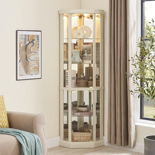 XZTUAJ 69 H Lighted Curio Cabinet Corner Display Case, Corner Glass Case with Adjustable Shelves and Tempered Glass, Wooden Curio Cabinet w/Mirrored Back Pane for Living Room