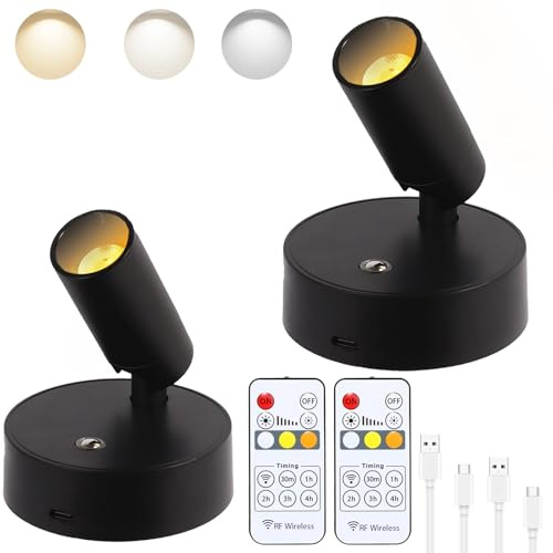 Drahtlose LED-Scheinwerfer innen mit Fernbedienung, Uplights, Dimmbare Bildlicht, Batteriebetrieb mit Timer, Wiederaufladbare Spotlichter, Innen-Akzent-Uplighting für Pflanzen, Wand, Kunst, 2 Stück