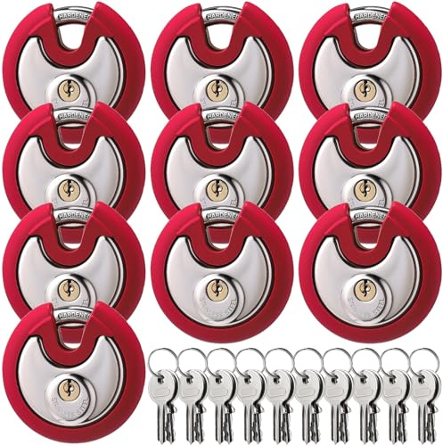 Chumia Lot de 10 cadenas ronds en acier inoxydable avec clés identiques de 70 mm pour unité de rangement, abris de jardin, garages et clôtures, gaine pare-chocs en caoutchouc (rouge)
