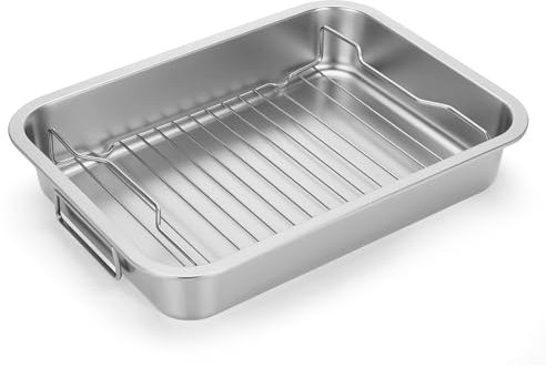 Tifanso Stainless Steel Roasting Pan - Heavy Duty Turkey Roasting Baking Broiler Pan with Rack and Handle for Oven, High Sided Easy to Clean Induction Roast Tray for Chicken, Vegetable, Lasagna